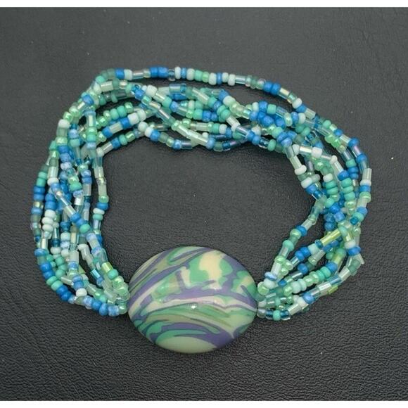 Teal Blue & Green Seed Bead Stretch Bracelet W An Acrylic Marbled Accent Bead - Picture 2 of 3